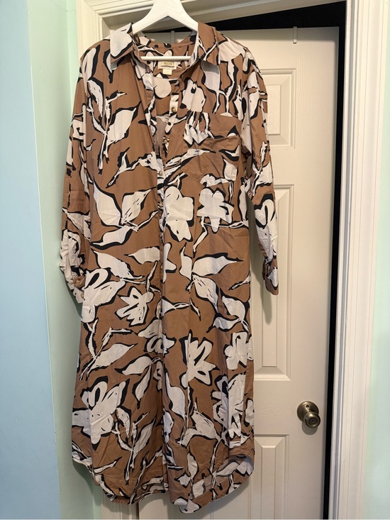 Maeve Dresses & Skirts - Maeve Tan Floral-Print Midi Shirt Dress